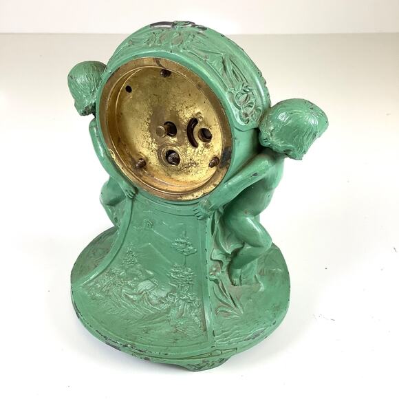 1920s LUX Clock Co. Figural Cherubs Painted Metal Novelty Desk Clock Antique Vtg - Picture 5 of 11